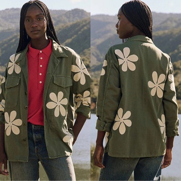 THE GREAT. Jackets & Blazers - THE GREAT. THE VINTAGE ARMY JACKET W/ DAISY APPLIQUE in CLASSIC ARMY